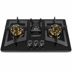 Crown CR-15B Built-In Gas Hob – 3 Burner Stainless Steel Cooktop with Auto Ignition & Heavy-Duty Brass Burners 1-Year Official Brand Warranty
