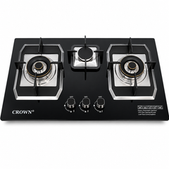 Crown CR-19G Built-In Gas Hob – 3 Burner Tempered Glass Cooktop with Auto Ignition | Official 1 Year Brand Warranty
