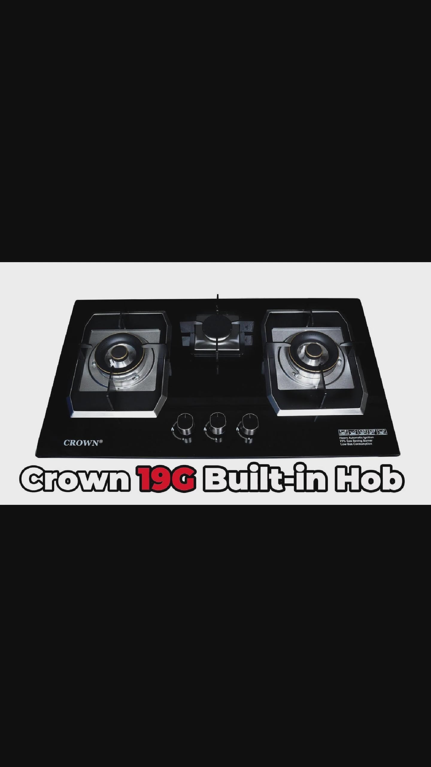 The NEW Crown CR-19G Built-In Gas Hob – 3 Burner Tempered Glass Cooktop with Auto Ignition for Modern Kitchens | 1-Year Brand Warranty