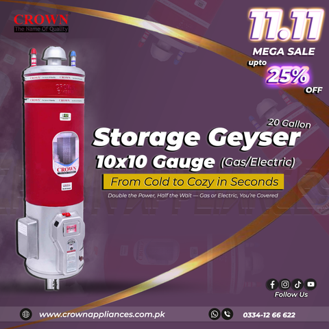 Crown 20 Gallon Storage Geyser – Heavy Duty Water Heater with 10x10 Gauge Tank for Long-Lasting Performance Gas Plus Electric