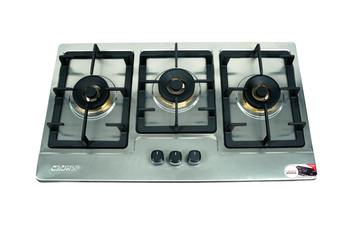 Crown CR-3113 Built-In Gas Hob – 3 Burner Stainless Steel Cooktop with Auto Ignition