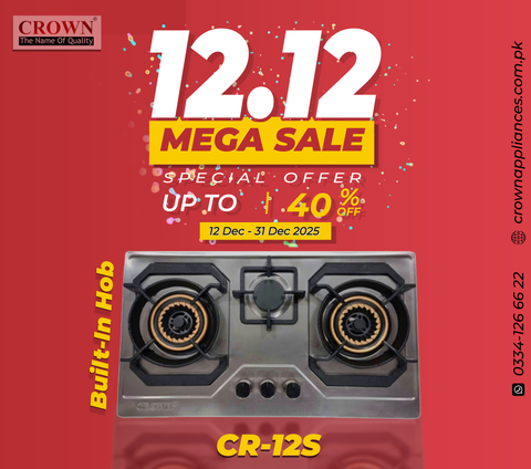 Crown CR-12S Built-In Gas Hob – 3 Burner Stainless Steel Cooktop with Auto Ignition for Compact Kitchens