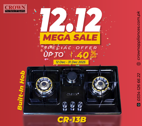 Crown CR-13B Built-In Hob – 3 Burner Gas Stove with Copper Valve, Long Nozzle, Iron Grill & Stainless Steel Top | 1 Year Brand Warranty