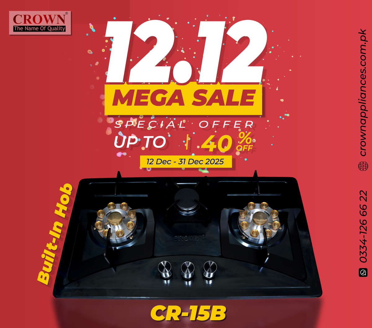 Crown CR-15B Built-In Gas Hob – 3 Burner Stainless Steel Cooktop for Modern Kitchens