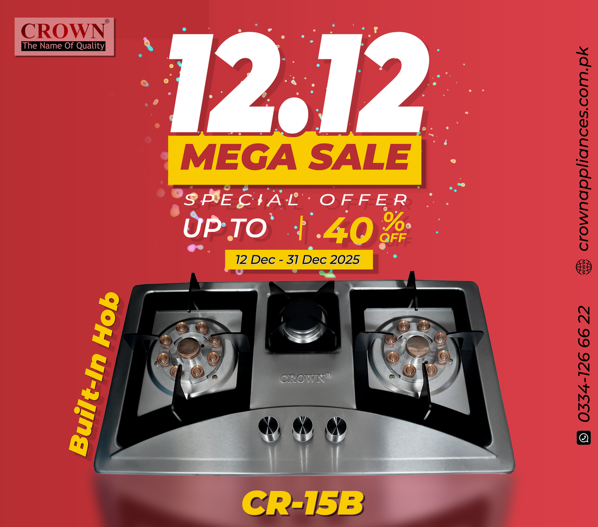 Crown CR-15S Built-In Gas Hob – 3 Burner Stainless Steel Cooktop for Modern Kitchens