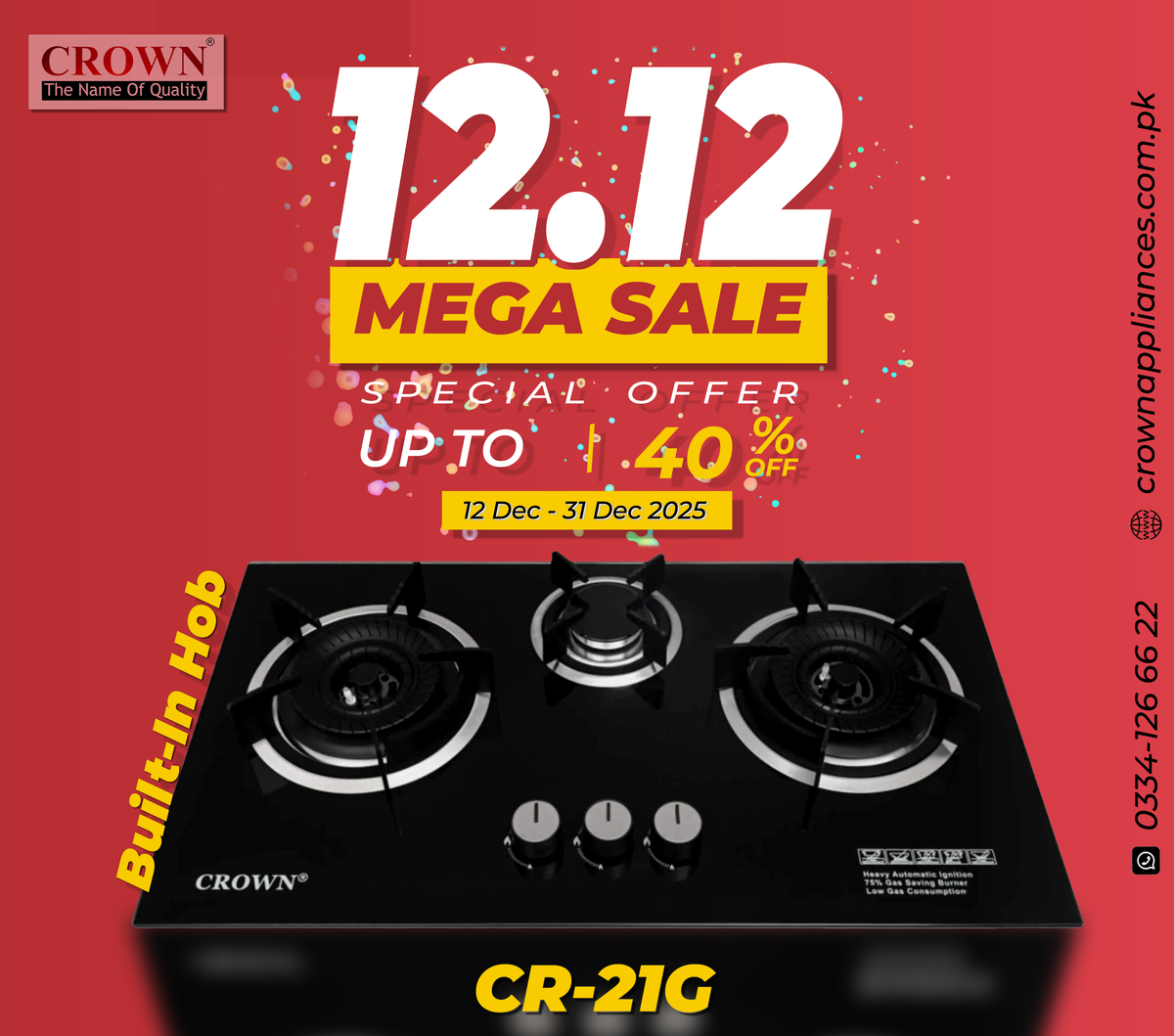 Crown CR-21G Built-In Gas Hob – 3 Burner Tempered Glass Cooktop with Auto Ignition for Modern Kitchens