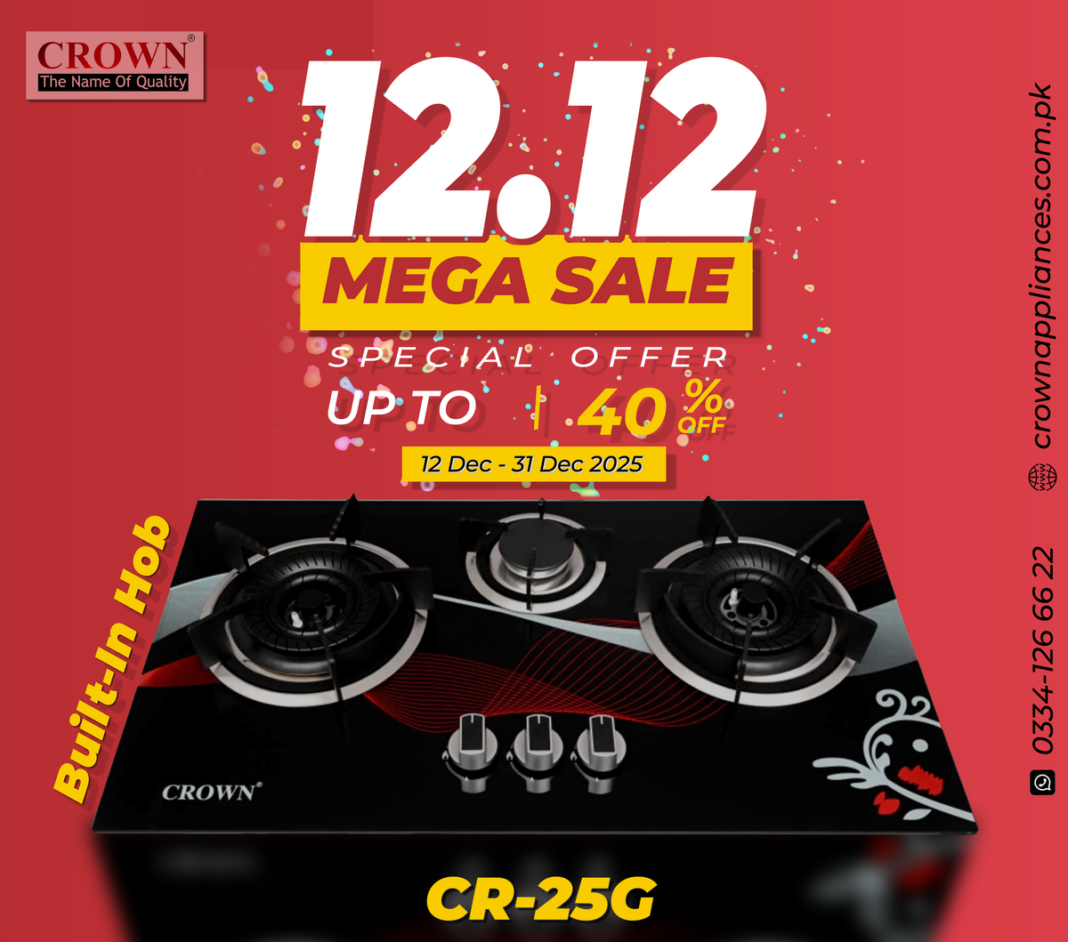 Crown CR-25G Built-In Gas Hob – 3 Burner Tempered Glass Cooktop with Auto Ignition for Compact Kitchens