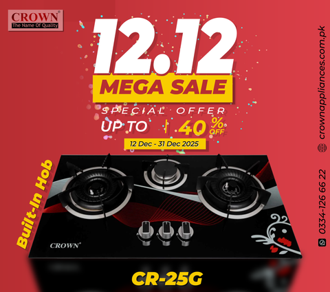 Crown CR-25G Built-In Gas Hob – 3 Burner Tempered Glass Cooktop with Auto Ignition for Compact Kitchens
