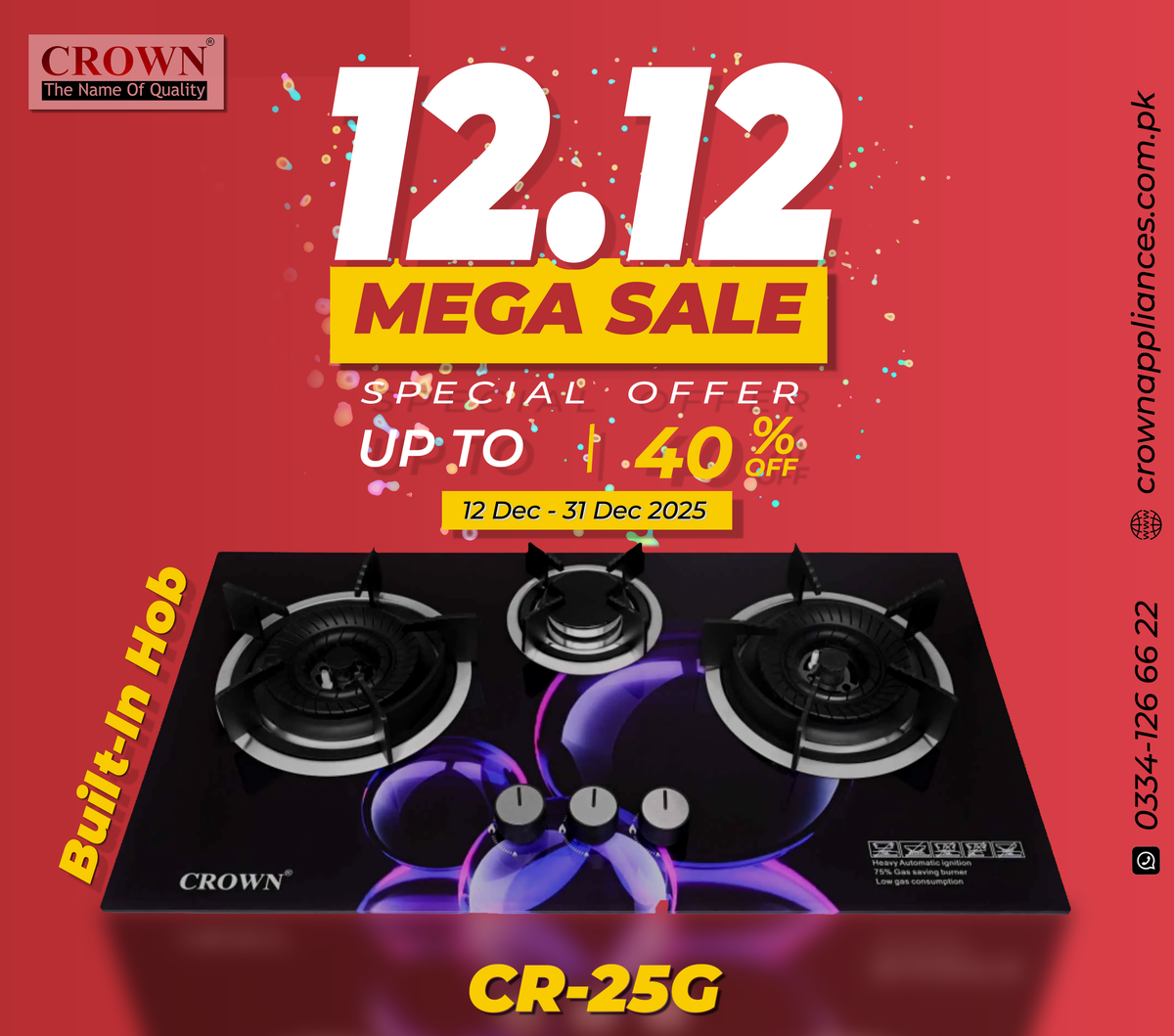 Crown CR-26G Built-In Gas Hob – 2 Burner Tempered Glass Cooktop with Auto Ignition