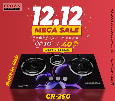 Crown CR-26G Built-In Gas Hob – 2 Burner Tempered Glass Cooktop with Auto Ignition
