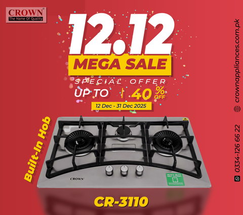 Crown CR-3110 Built-In Gas Hob – 3 Burner Stainless Steel Cooktop with Auto Ignition