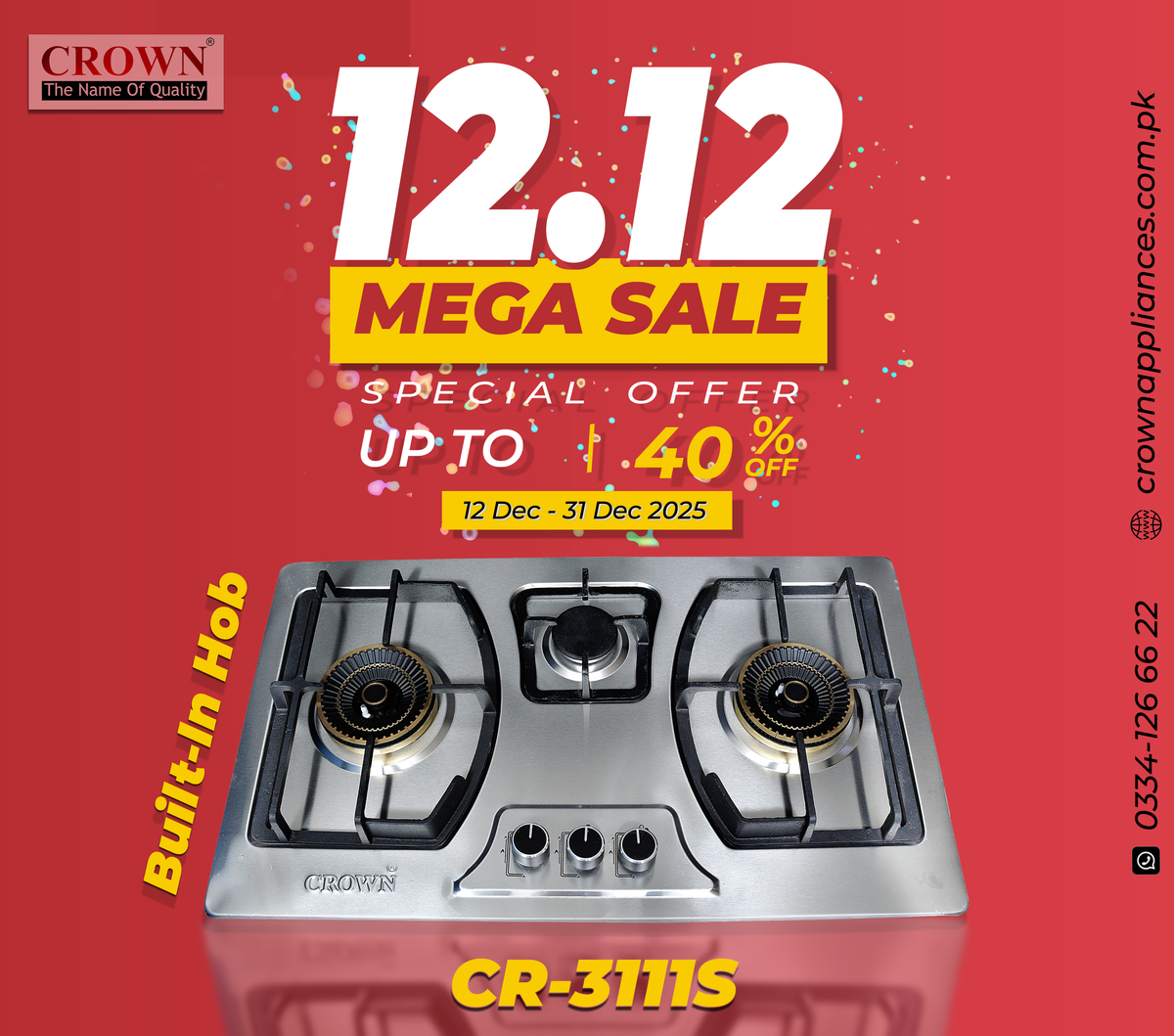 Crown CR-3111S Built-In Gas Hob – 3 Burner Stainless Steel Cooktop with Auto Ignition for Modern Kitchens