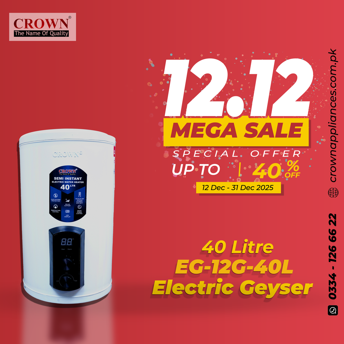 Crown EG-12G 40L Electric Geyser | Solar-Supported Water Heater with Digital Control Panel, Imported Heating Element & Durable ABS Body