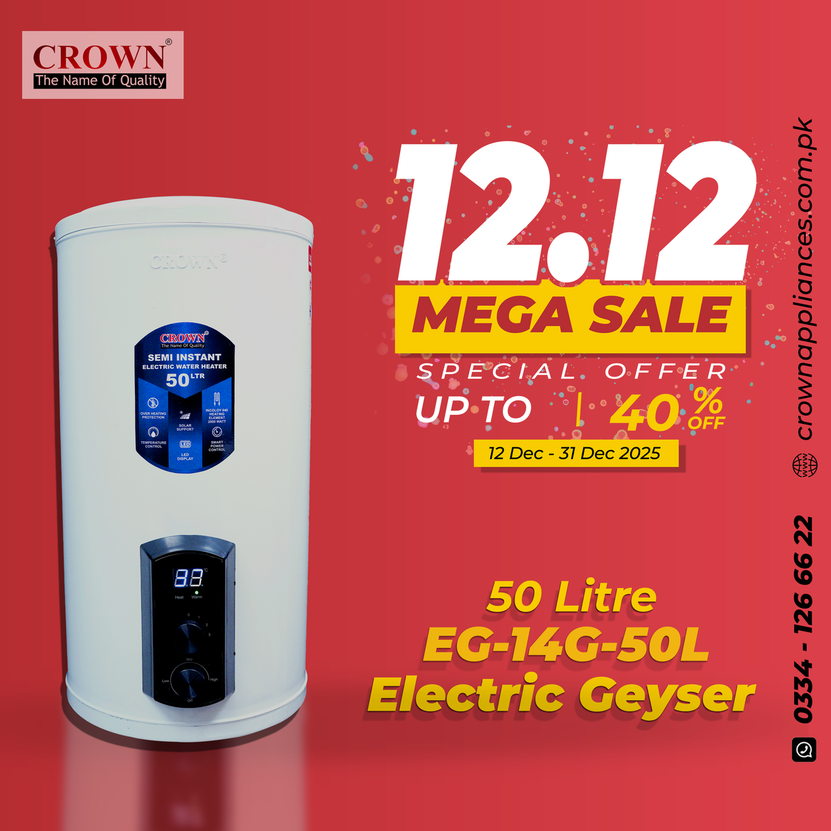 Crown EG-14G 50L Electric Geyser | Solar-Supported Water Heater with Digital Control Panel, Imported Heating Element & Durable ABS Body