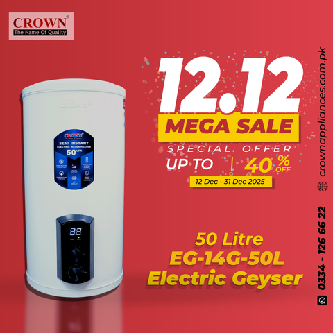 Crown EG-14G 50L Electric Geyser | Solar-Supported Water Heater with Digital Control Panel, Imported Heating Element & Durable ABS Body