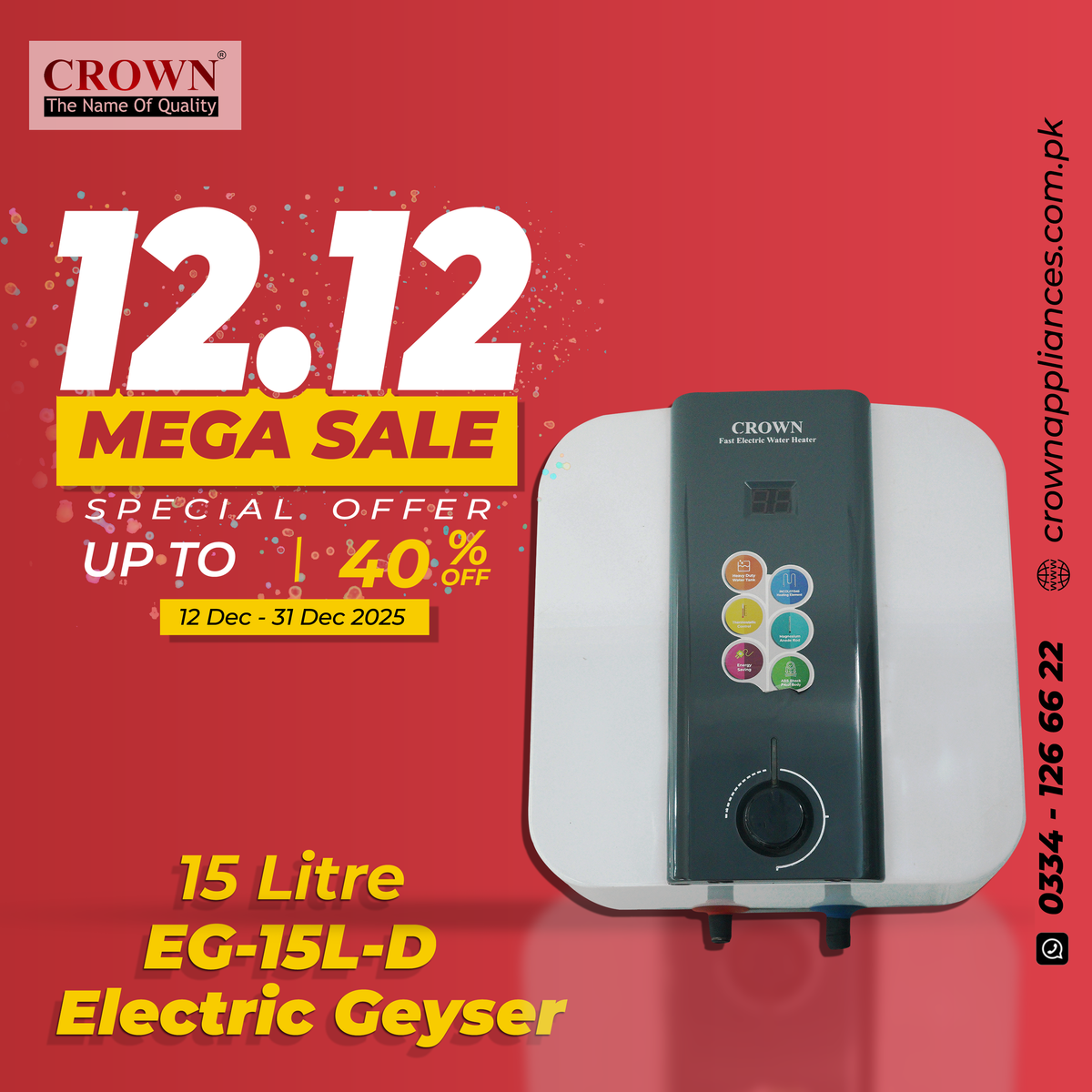 Crown EG-15L(D) Electric Geyser – 15 Litre Digital Water Heater with Imported Italian Element & Full ABS Body