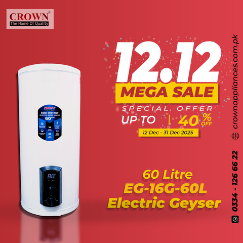 Crown EG-16G 60L Electric Geyser | Solar-Supported Water Heater with Digital Control Panel, Imported Heating Element & Durable ABS Body