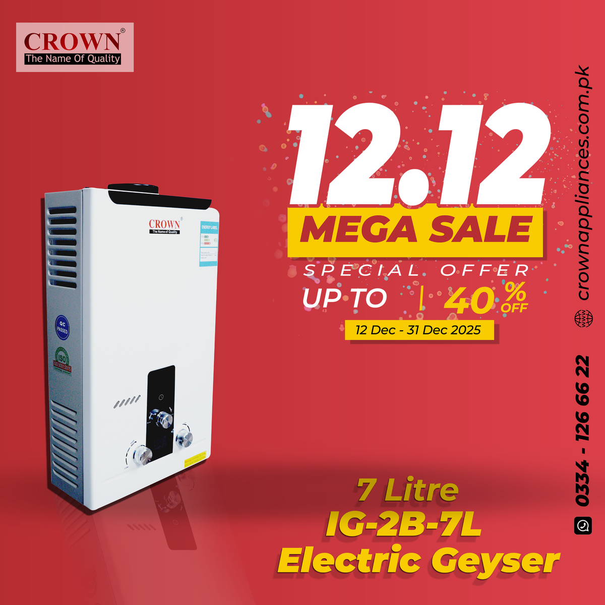Crown Instant Geyser IG-2B-7L – 7 Litre Imported Water Heater with Digital Display, 1kg Heat Exchanger & 1-Year Brand Warranty ✅