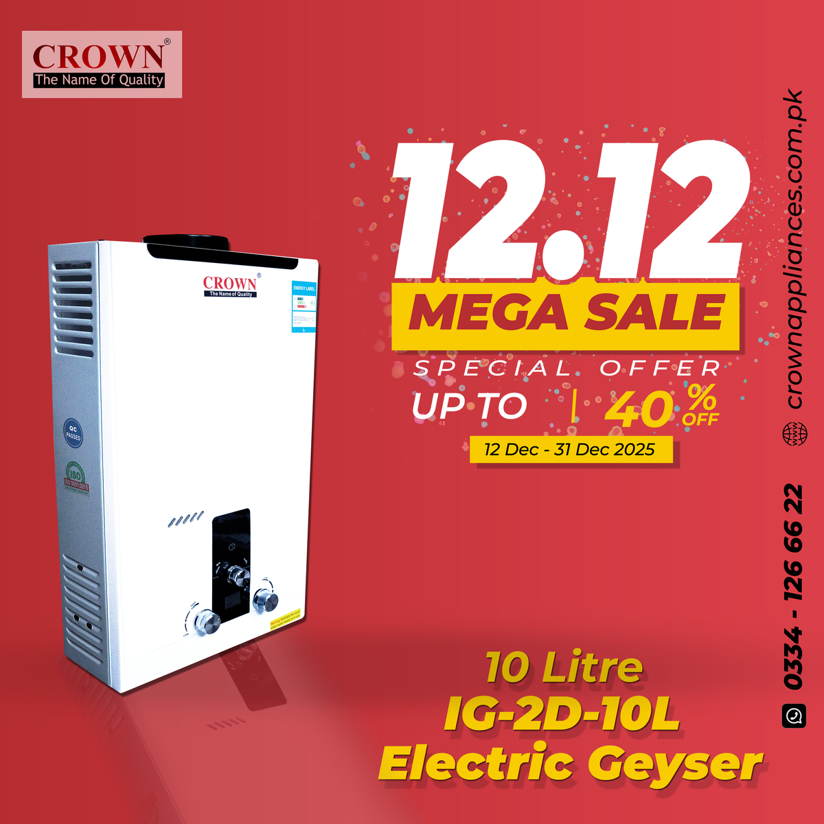 Crown Instant Geyser IG-2D-10L – 10 Litre Imported Water Heater with Digital Display, 1.8kg Heat Exchanger & 1-Year Brand Warranty ✅
