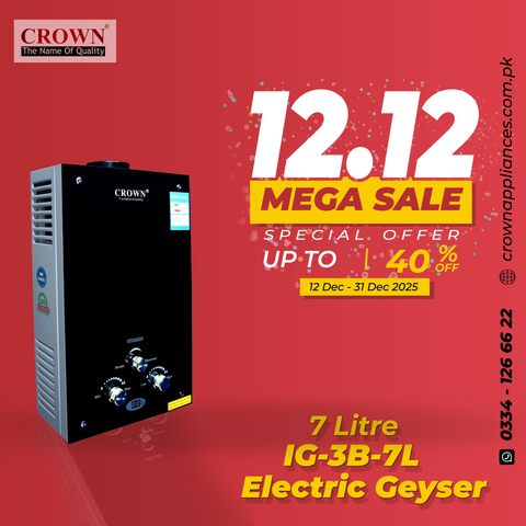 Crown Instant Geyser IG-3B-7L – 7 Litre Imported Water Heater with Digital Display, Full Black Glass Top, 1kg Heat Exchanger & 1-Year Brand Warranty ✅