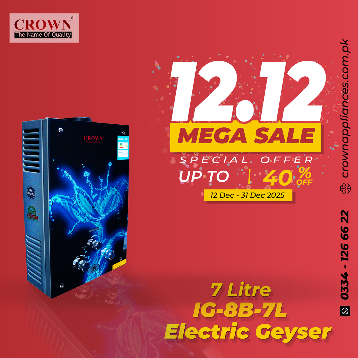 Crown Instant Geyser IG-8B-7L – 7 Litre Imported Water Heater with Digital Display, 3D Glass Top, 1kg Heat Exchanger & 1-Year Brand Warranty ✅