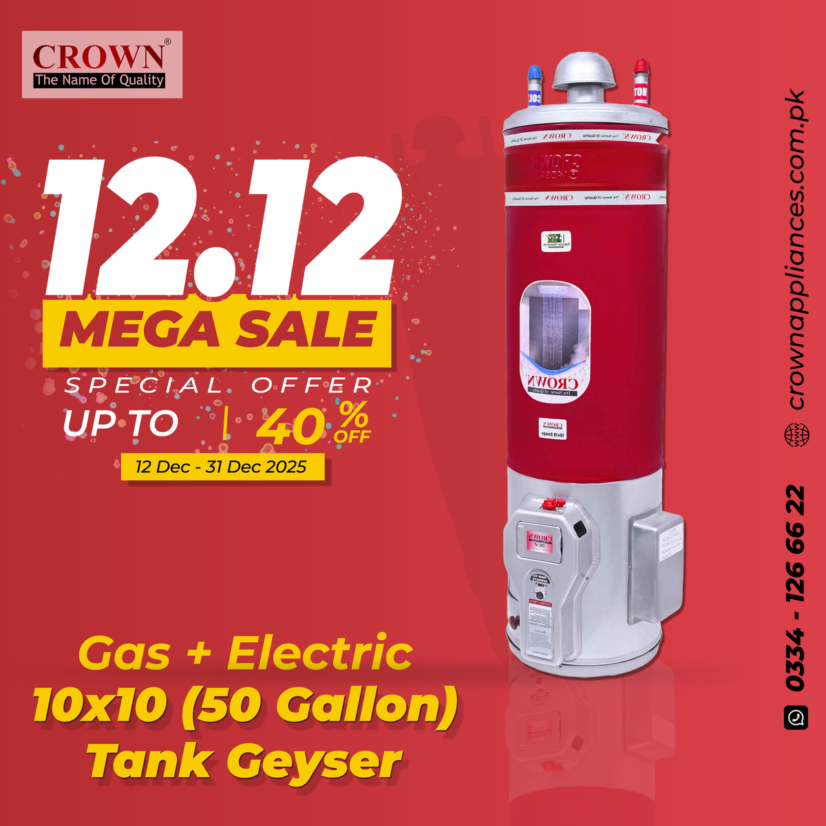 Crown 50 Gallon Storage Geyser – Heavy Duty Water Heater with 10x10 Gauge Tank for Long-Lasting Performance Gas Plus Electric