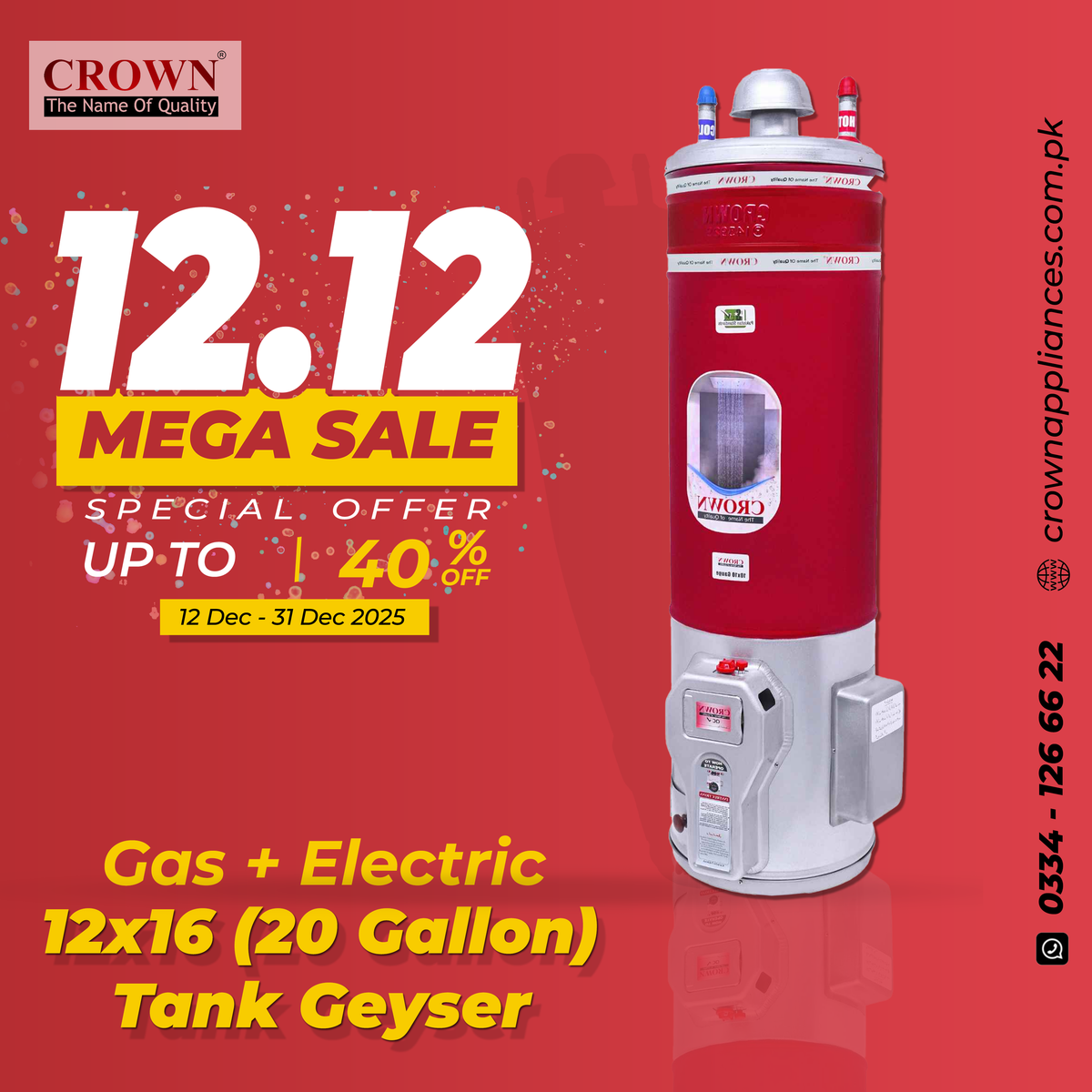 Crown Storage Geyser 20 Gallon Gas + Electric – Heavy-Duty Gas + Electric Water Heater (12x16 Gauge) with Automatic Function, Energy Efficient Design & Brand Warranty ✅