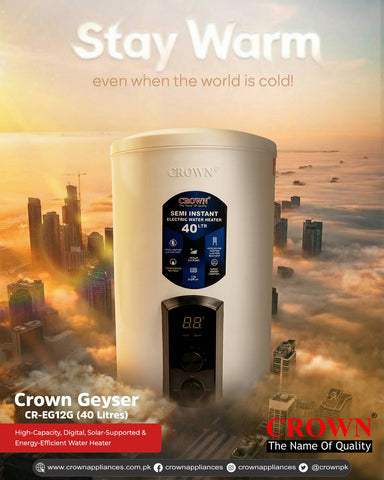 Crown EG-12G 40L Electric Geyser | Solar-Supported Water Heater with Digital Control Panel, Imported Heating Element & Durable ABS Body