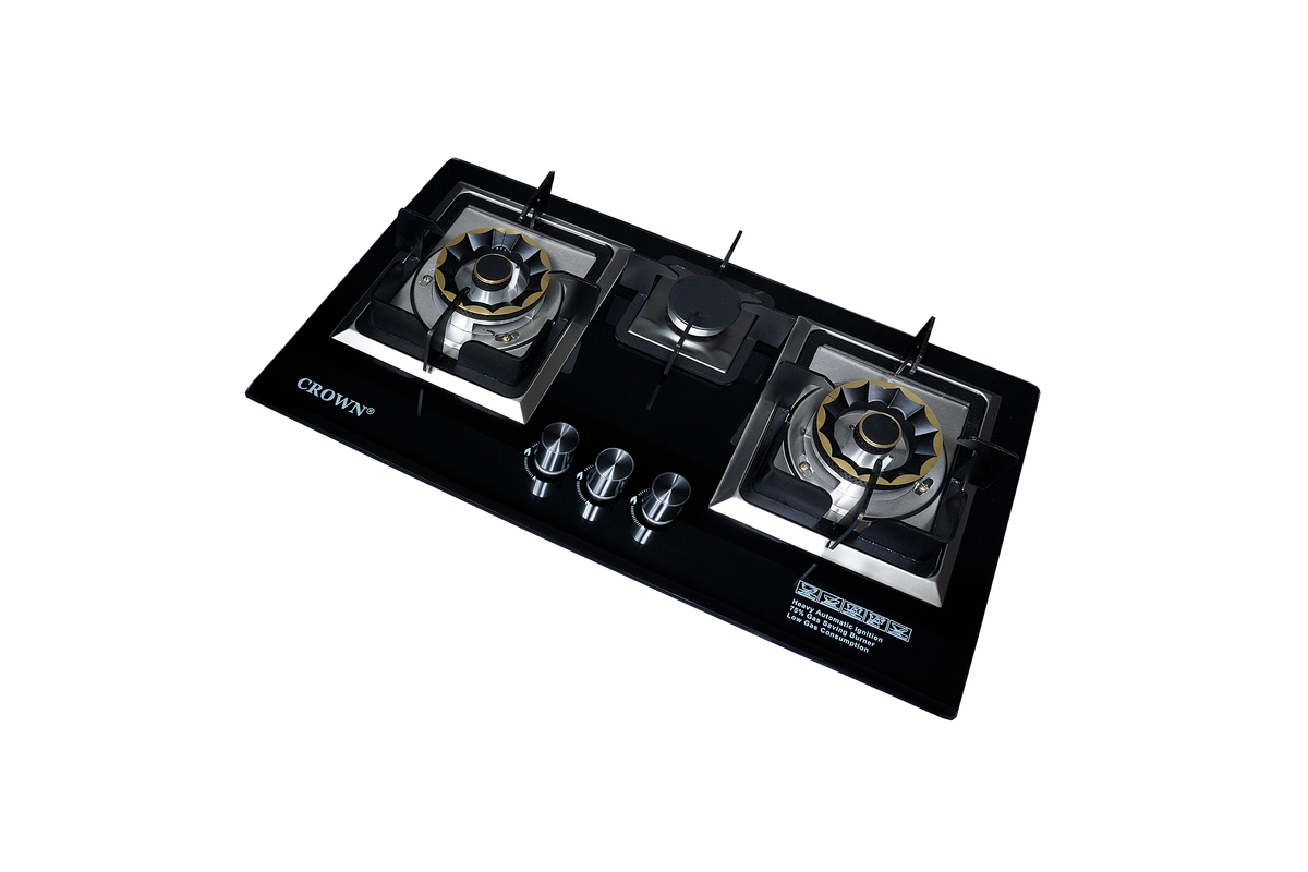 The NEW Crown CR-19G Built-In Gas Hob – 3 Burner Tempered Glass Cooktop with Auto Ignition for Modern Kitchens | 1-Year Brand Warranty
