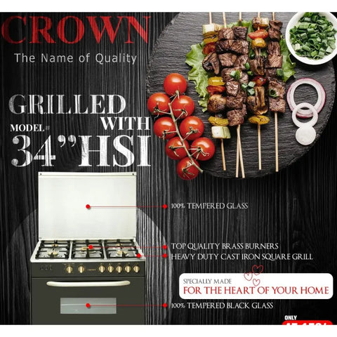 Crown 34-HS1 Cooking Range – 4 Burner Gas Stove with Built-In Oven & Grill