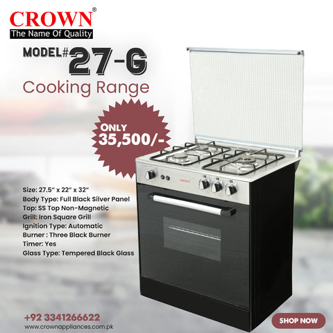 Crown 27G Cooking Range – 3 Burner Gas Stove with Oven & Grill for Compact Kitchens