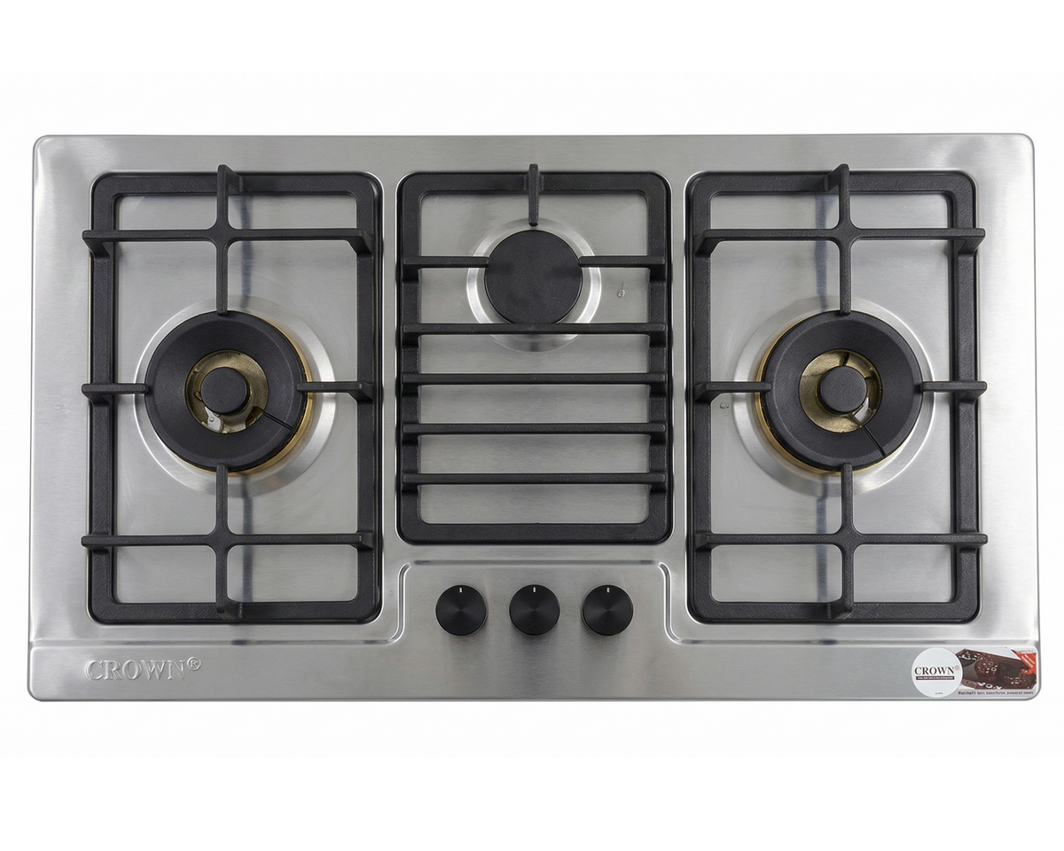 Crown CR-3114 Built-In Gas Hob – 3 Burner Stainless Steel Cooktop with Auto Ignition