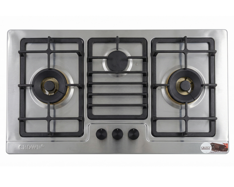 Crown CR-3114 Built-In Gas Hob – 3 Burner Stainless Steel Cooktop with Auto Ignition