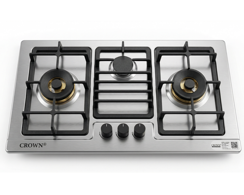 Crown CR-3114 Built-In Gas Hob – 3 Burner Stainless Steel Cooktop with Auto Ignition