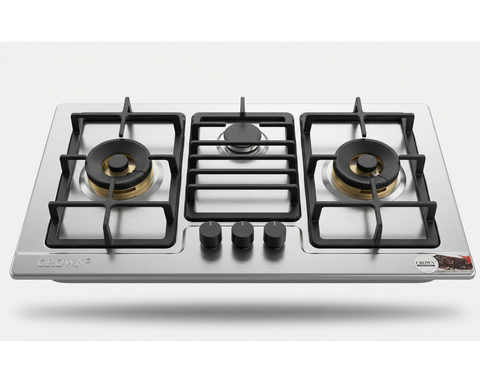 Crown CR-3114 Built-In Gas Hob – 3 Burner Stainless Steel Cooktop with Auto Ignition