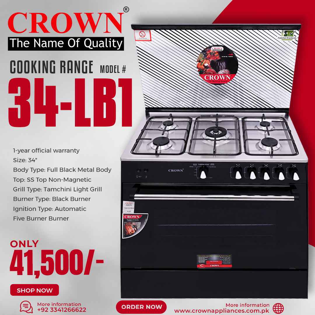 Crown 34-LB1 Cooking Range – 34-Inch 5 Burner LPG Gas Stove with Brass Burners, Stainless Steel Top, Auto Ignition & Non-Magnetic Body ✅