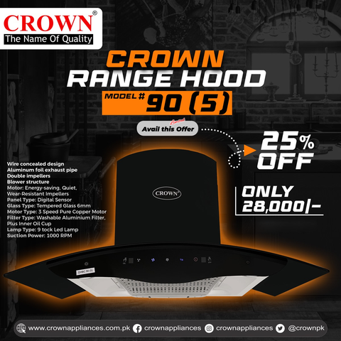 Crown 90(5) Kitchen Range Hood – 90cm Stainless Steel Chimney Hood with High Suction Power & LED Lights