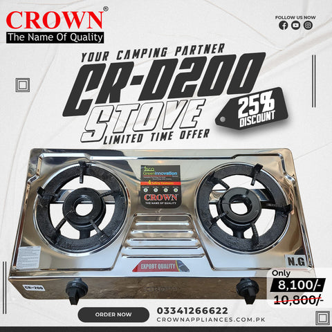 Crown CR-D200 Gas Stove – 3 Burner Portable Gas Cooktop with Heavy-Duty Iron Grill & Brand Warranty ✅
