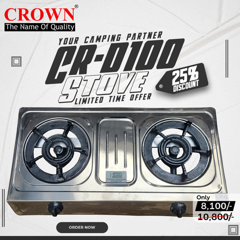 Crown CR-D100 Gas Stove – 2 Burner Portable Gas Cooktop with Durable Design & Brand Warranty ✅