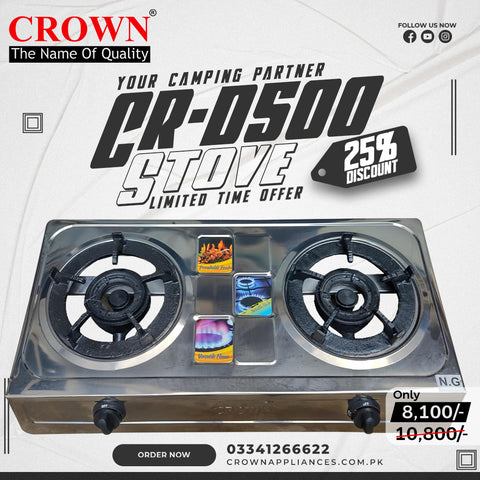 Crown CR-D500 Gas Stove – Dual Burner Portable Gas Cooktop with Stainless Steel Body & Brand Warranty ✅