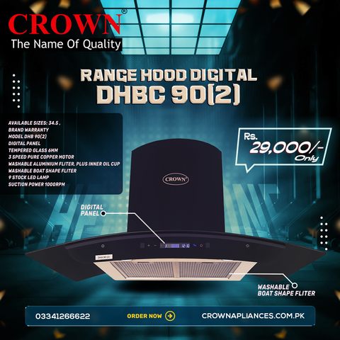Crown 90(2) Kitchen Range Hood – 90cm Stainless Steel Chimney Hood with Powerful Suction & LED Lights