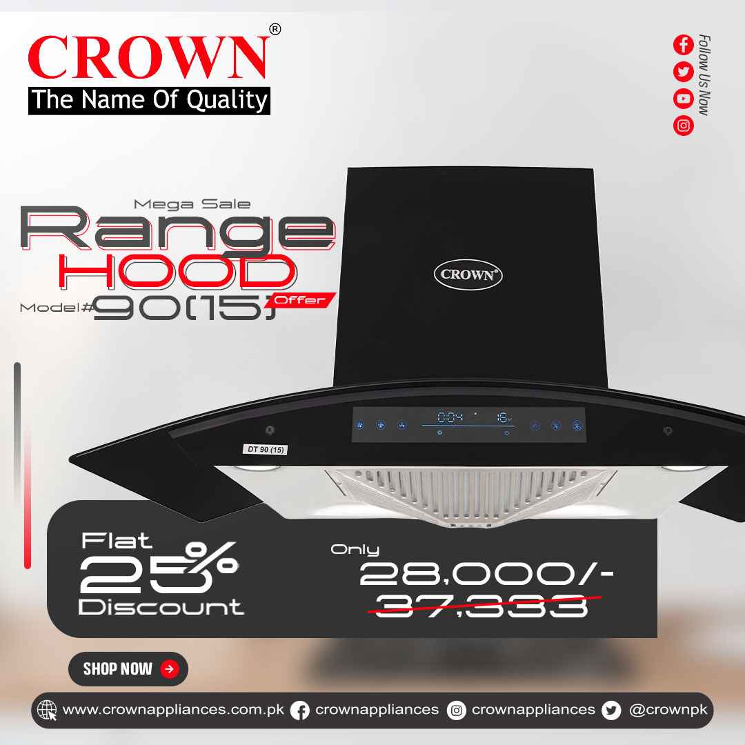 Crown 90(15) Kitchen Range Hood – 90cm Stainless Steel Chimney Hood with Powerful Suction & LED Lights