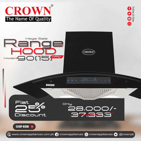 Crown 90(15) Kitchen Range Hood – 90cm Stainless Steel Chimney Hood with Powerful Suction & LED Lights