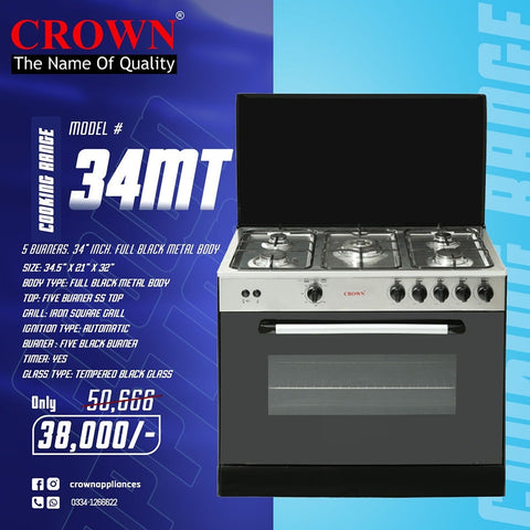 Crown 34-MT Cooking Range – 5 Burner Gas Stove with Oven & Grill for Modern Kitchens