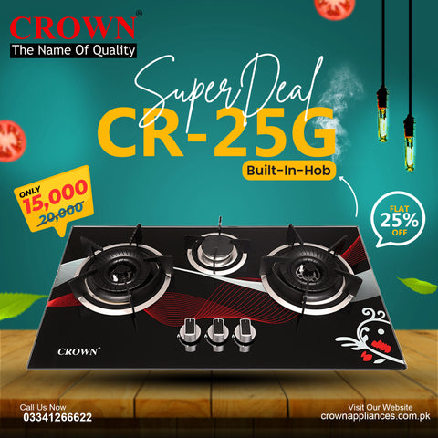 Crown CR-25G Built-In Gas Hob – 2 Burner Tempered Glass Cooktop with Auto Ignition for Compact Kitchens