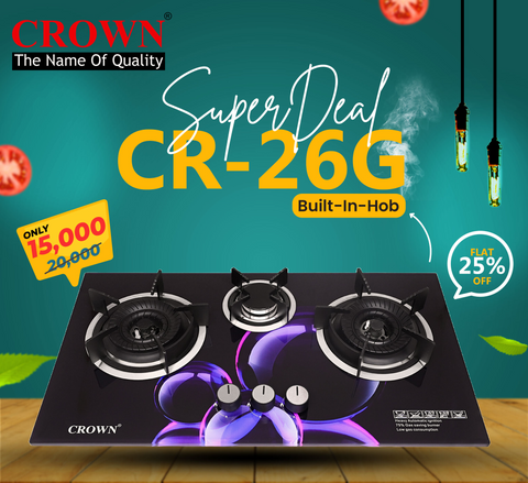Crown CR-26G Built-In Gas Hob – 2 Burner Tempered Glass Cooktop with Auto Ignition