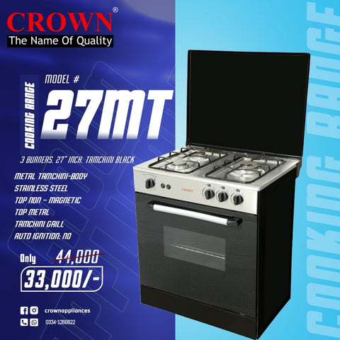 Crown 27-MT Cooking Range – 3 Burner Gas Stove with Oven & Grill for Small Families