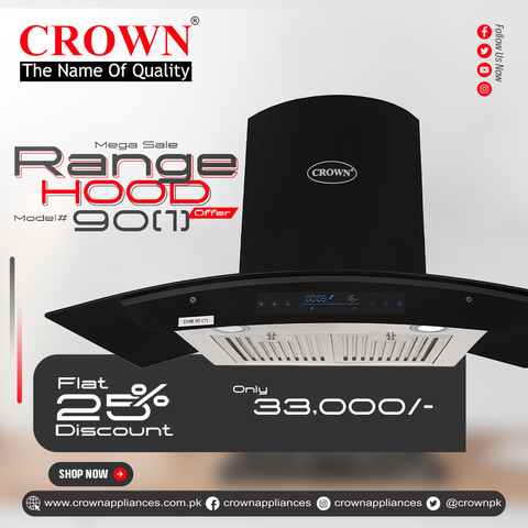 Crown 90(1) Kitchen Range Hood – 90cm Stainless Steel Chimney Hood with High Suction Power & LED Lights