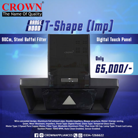 Crown T-Shape Blacky Range Hood (IMP) – 90cm Black Glass Chimney Hood with Powerful Suction & LED Lights