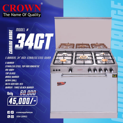 Crown 34-GT Cooking Range – 5 Burner Gas Stove with Oven & Grill for Large Family Cooking